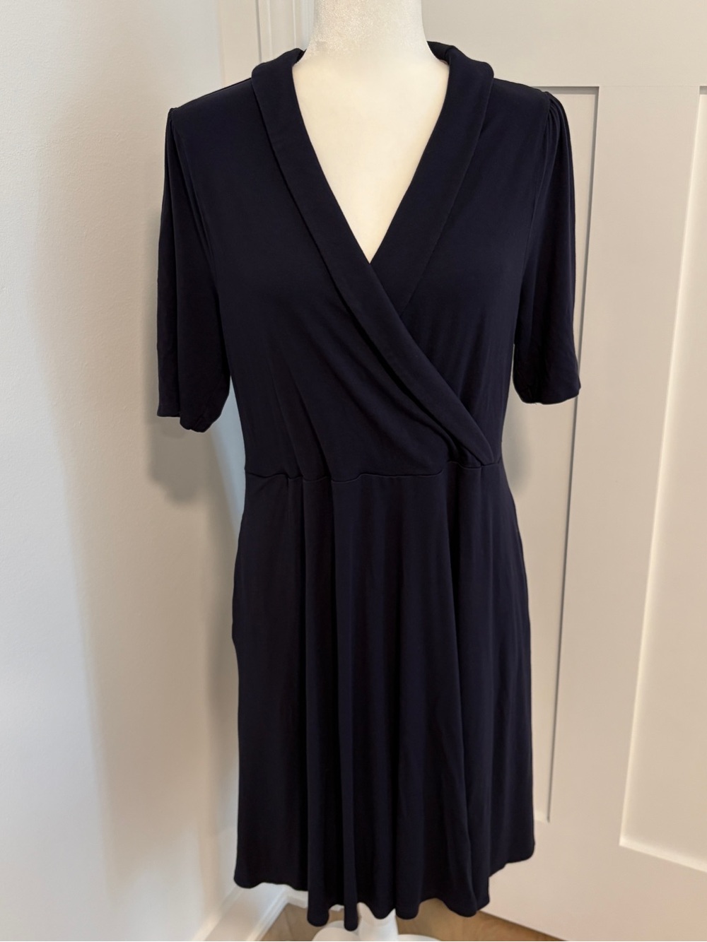 Boden Women’s Navy Blue Wrap Dress Size 14L Long Midi V Neck Pockets Stretch*X23